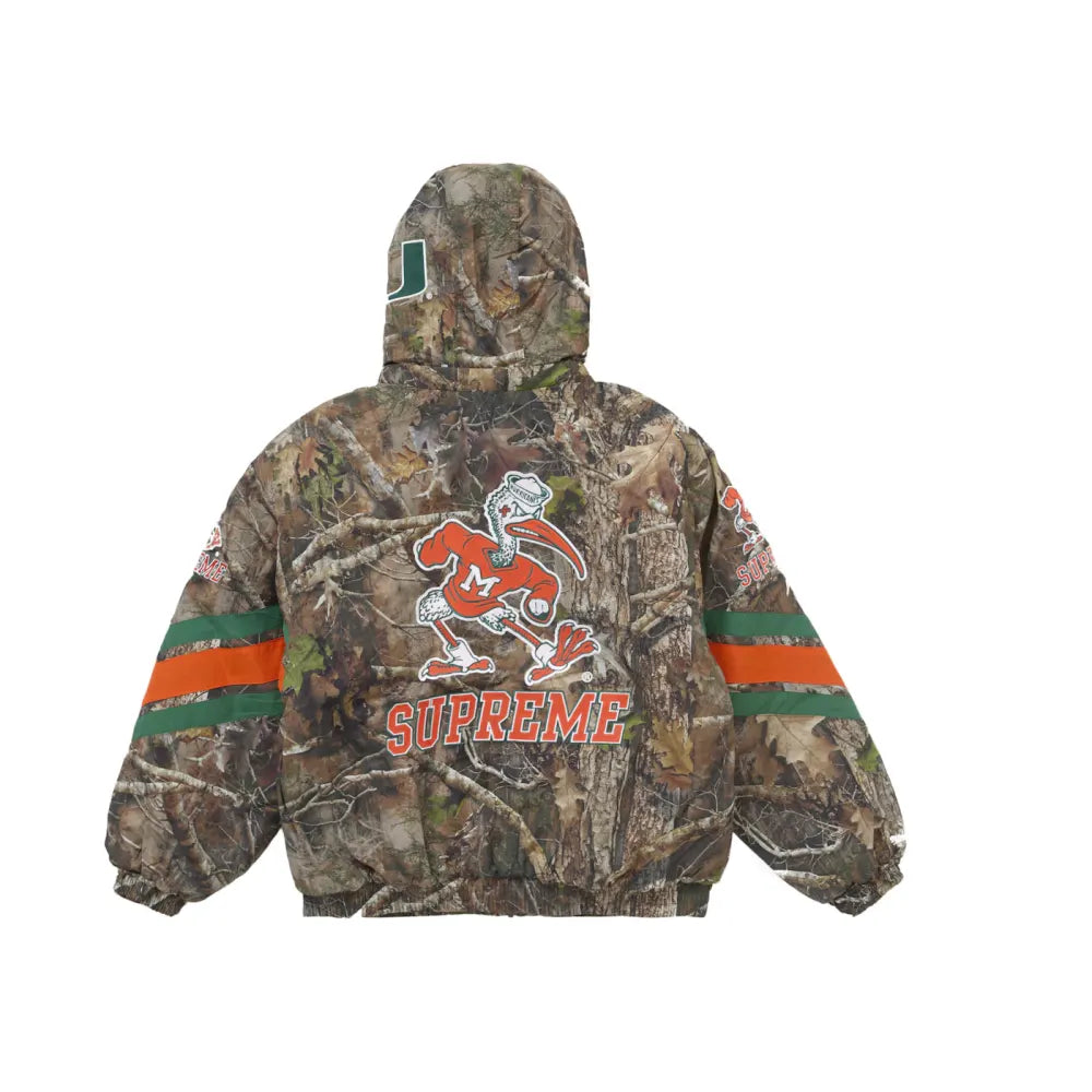 Supreme Mitchell & Ness NCAA Hooded Stadium Jacket Woodland Camo